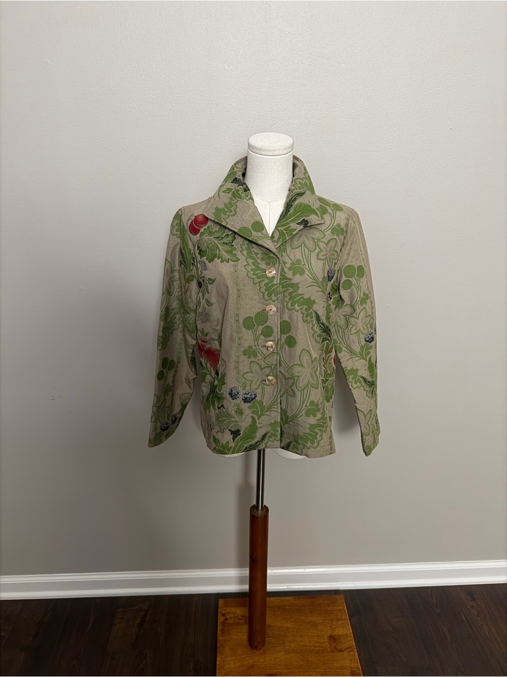 Citron Jacket Asian Floral Botanical Embroidered Cotton Silk Blend Green Beige